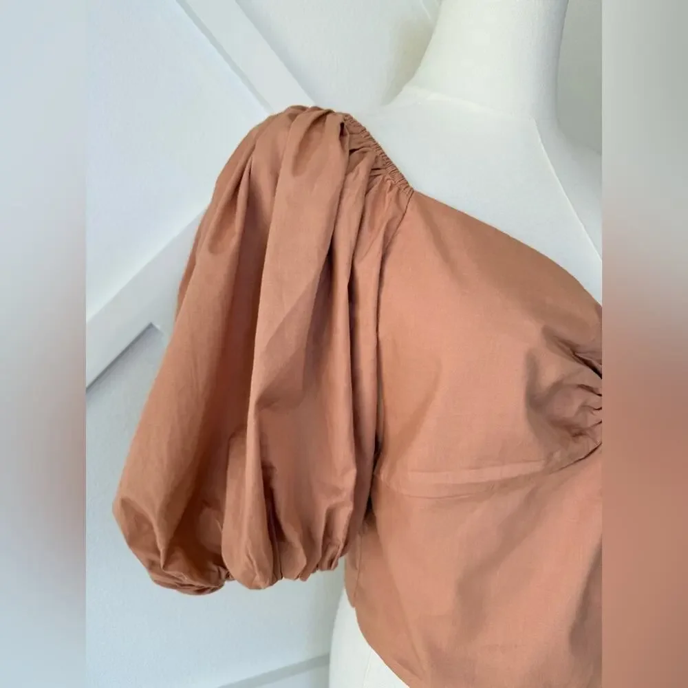 NWT Abercrombie & Fitch O-Ring Sweetheart Neck Puff Sleeve Crop Top Peach Sz Med